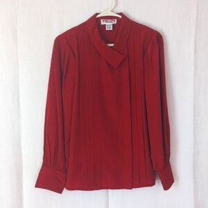 Vintage Mihang Red Diamond Patterned Pleat Front Puff Sleeve Button Up Size 8